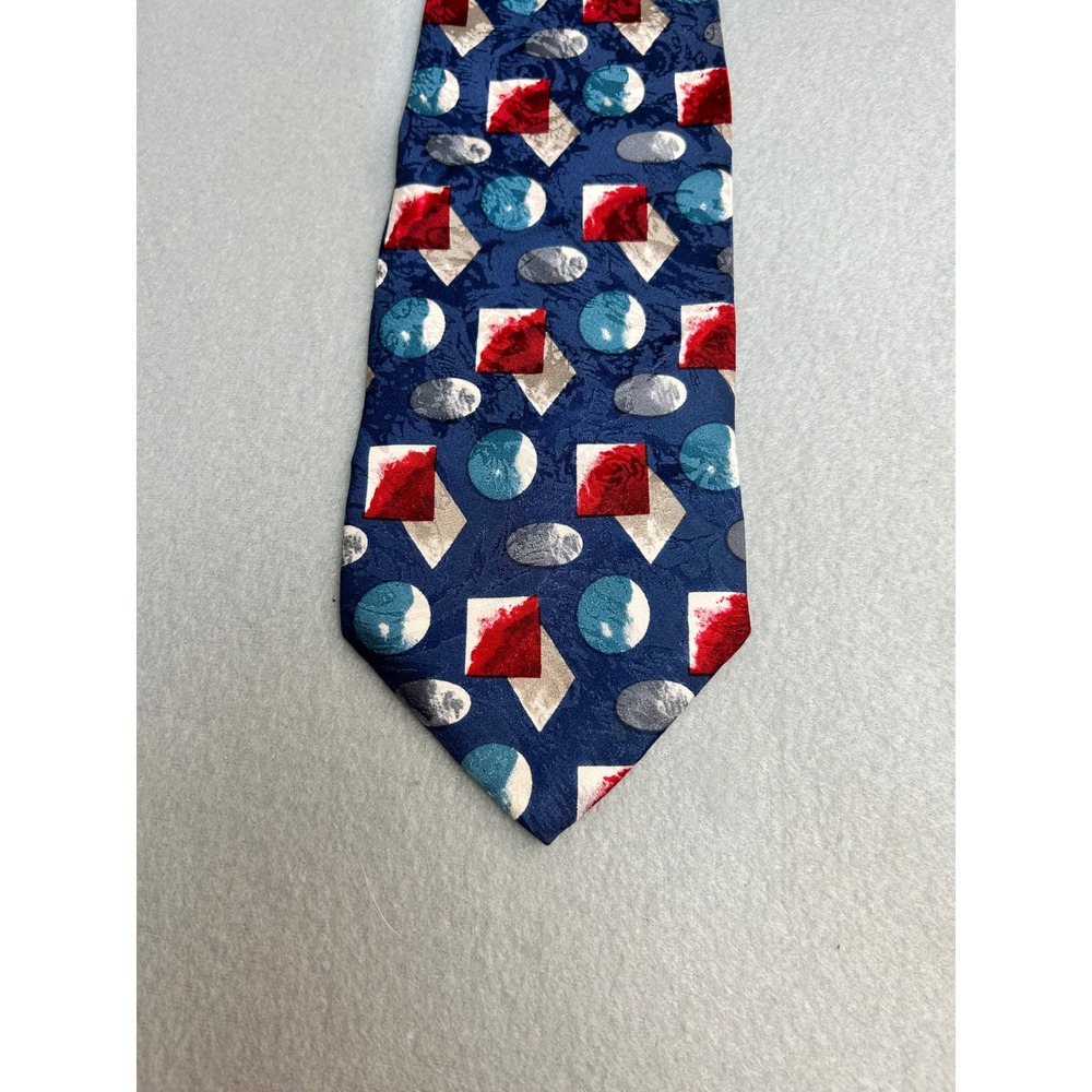 Fondini Necktie Blue Silk Geometric Abstract Shapes Square Circle Rectangle